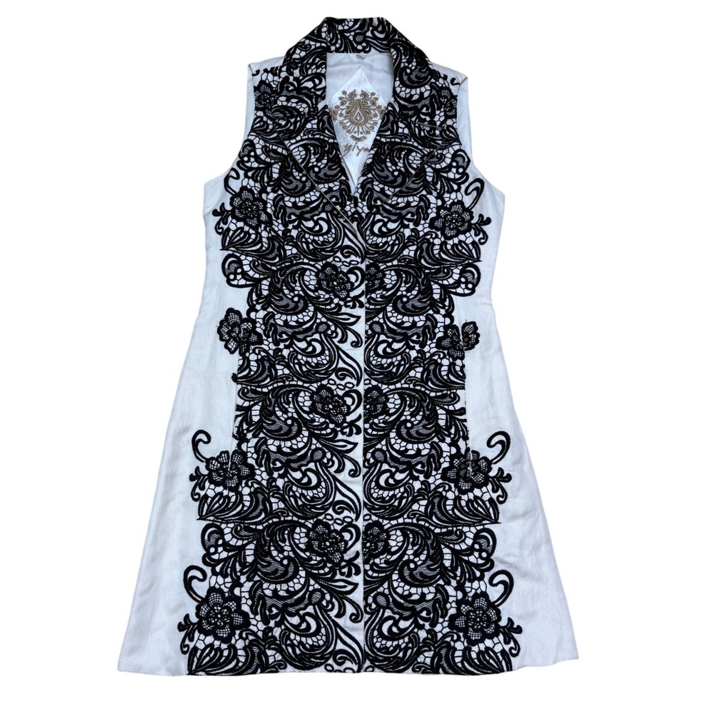Biya Johnny Was Linen Embroidered Sleeveless Long Vest Jacket White Black Dress